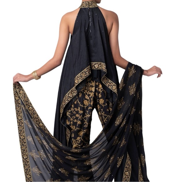 Hemant Trevedi 3 piece Black and gold/mustard embroidered 3 piece outfit. Medium - Picture 2 of 8